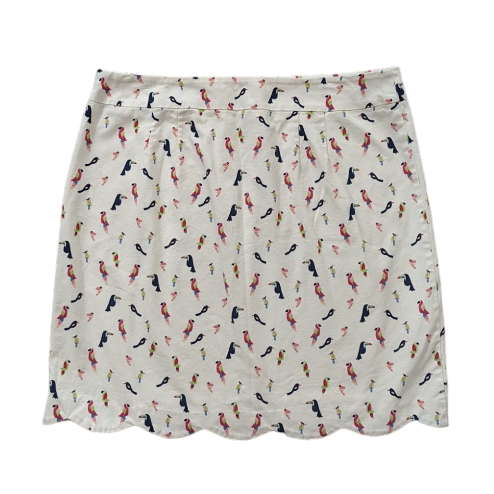 TALBOTS Parrot Toucan Skirt 10 Scalloped Hem Cotton Cream White